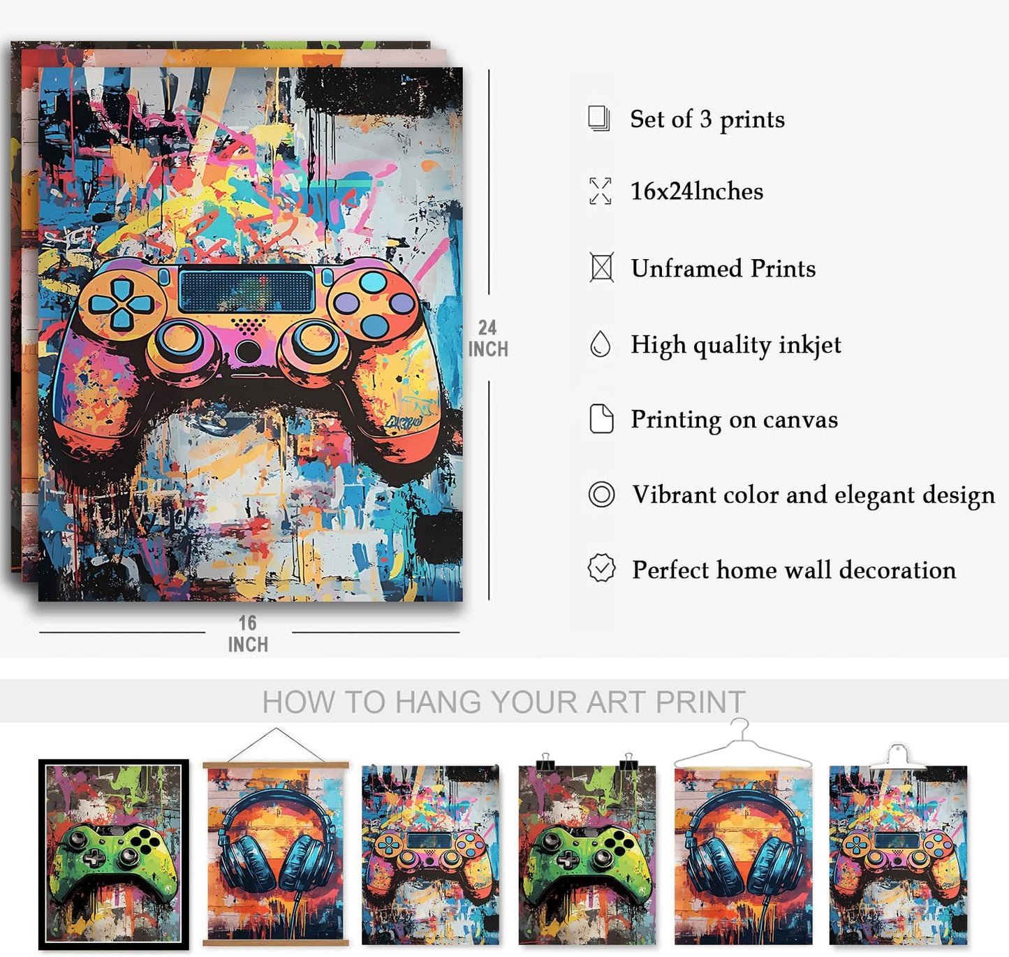Skiennix Gaming Graffiti Canvas Wall Art - Cool Video Game Prints for Gamer Room | Unframed 16x24 Inches