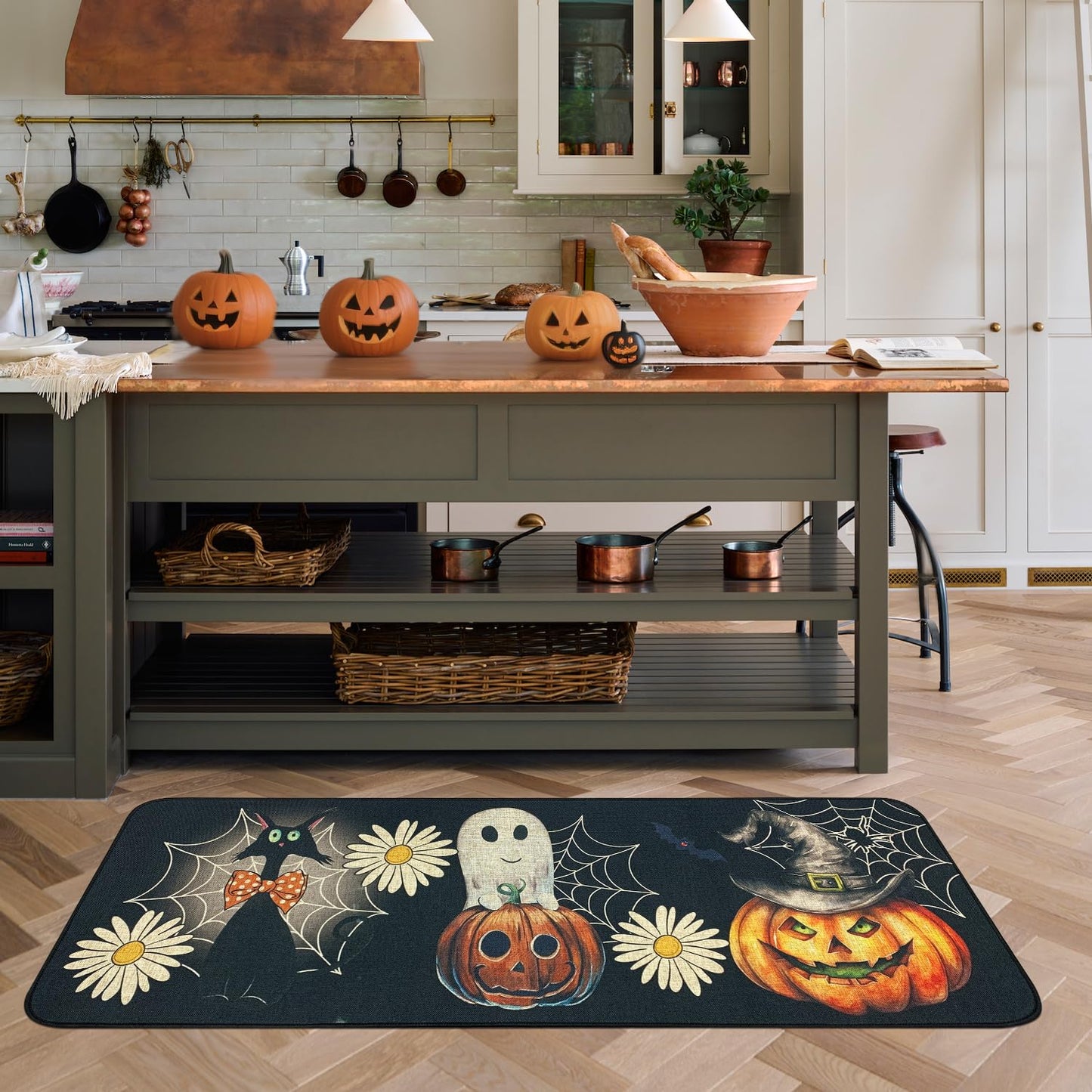 SHIYUE Halloween Kitchen Mat Set of 2, Ghost Pumpkin Boo Kitchen Rugs Farmhouse Modern, Non Skid Rubber Runner Decor Rugs（17x47in+17x30in） Black