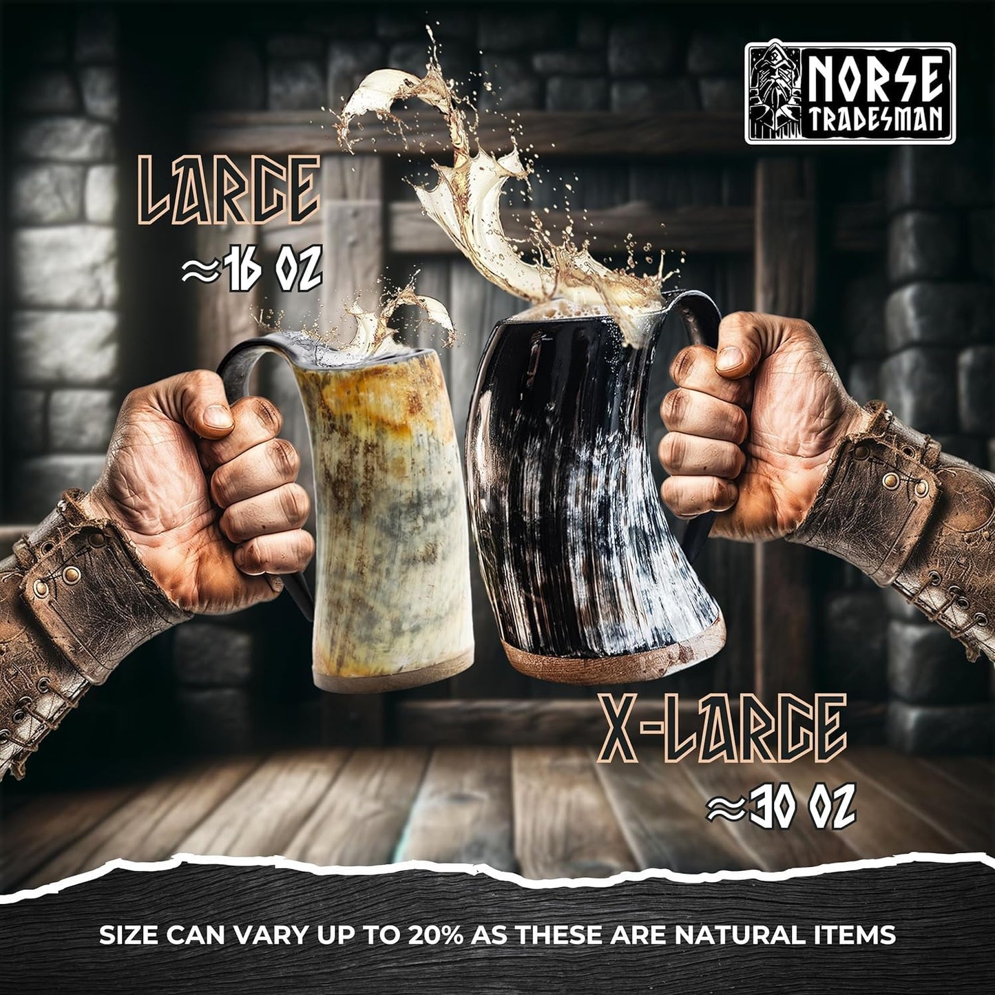 Norse Tradesman Original XL Viking Drinking Horn Mug - 100% Authentic Beer Horn Tankard With Natural Surface & Burlap Gift Sack | The Original, Low Polish, approx. 30 oz