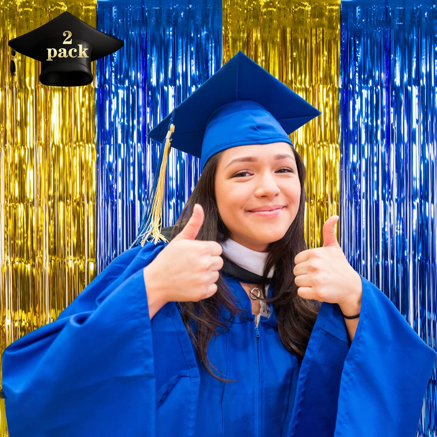 LOLStar Graduation Party Decoration, 2 Pack Blue and Gold 3.3x6.6 ft Foil Fringe Curtains, Tinsel Backdrop, Graduation Photo Booth Prop Streamer Backdrop for Class of 2026, Prom and Grad Party Decor