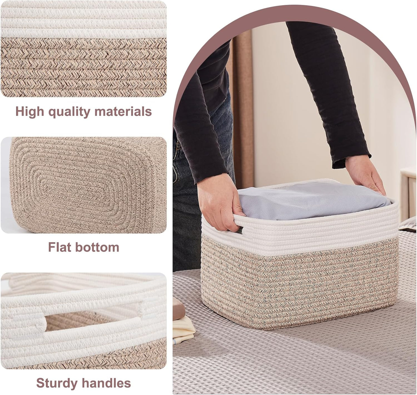 OIAHOMY Storage Baskets - 4 Pack Woven Cotton Rope Baskets for Organizing Toys, Towels & Books | 13" L x 9" W x 7.8" H, Brown & White
