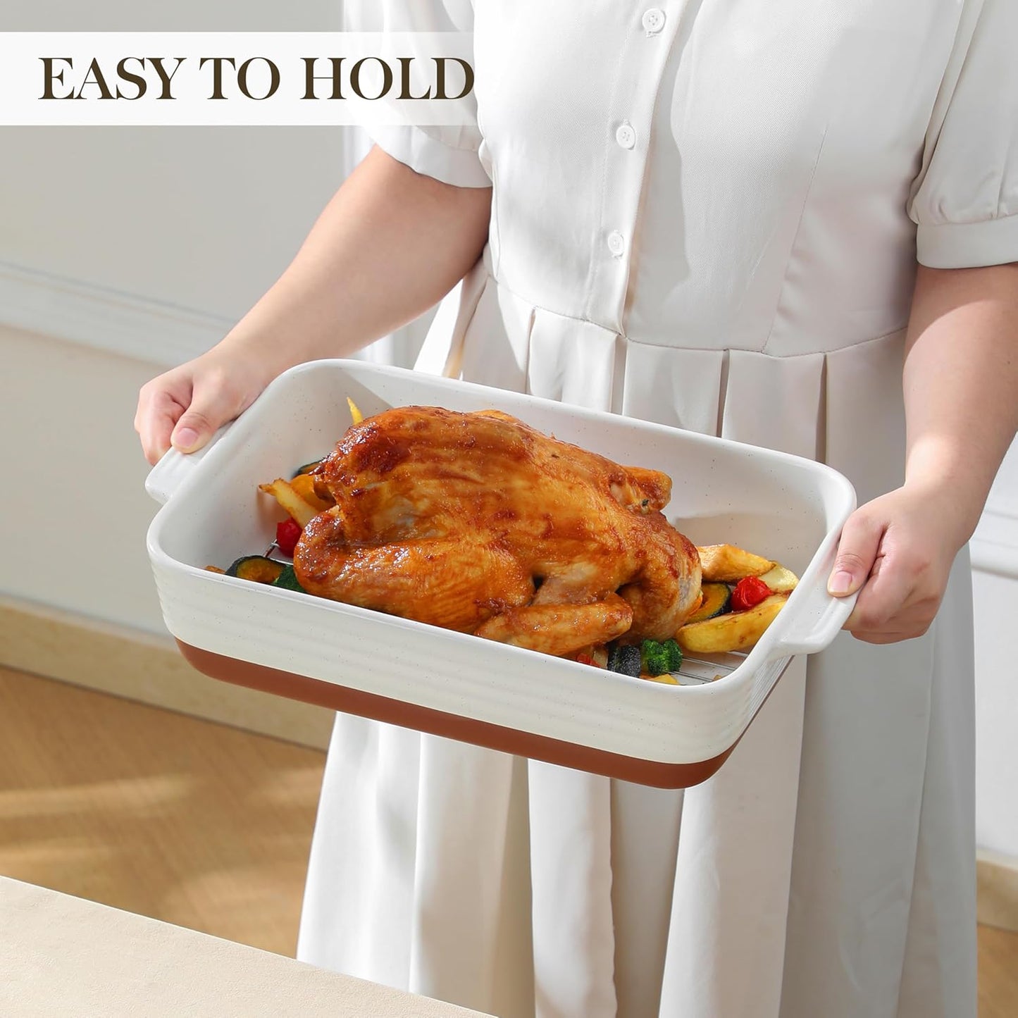 MALACASA 4.8 Qt Ceramic Baking Dish - Deep Roasting Pan with Stainless Steel Rack & Handles | Khaki & White