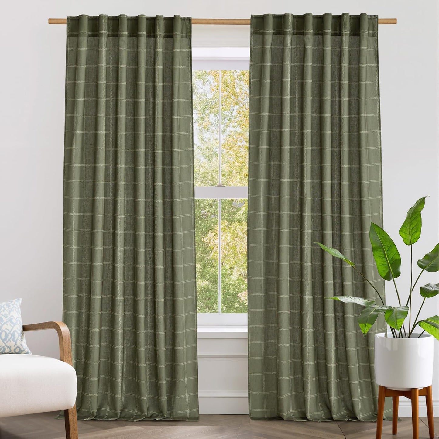 NICETOWN Linen Plaid Curtains - Modern Moss Green Check Window Panels | Light Filtering, 52" x 84" (2 Panels)