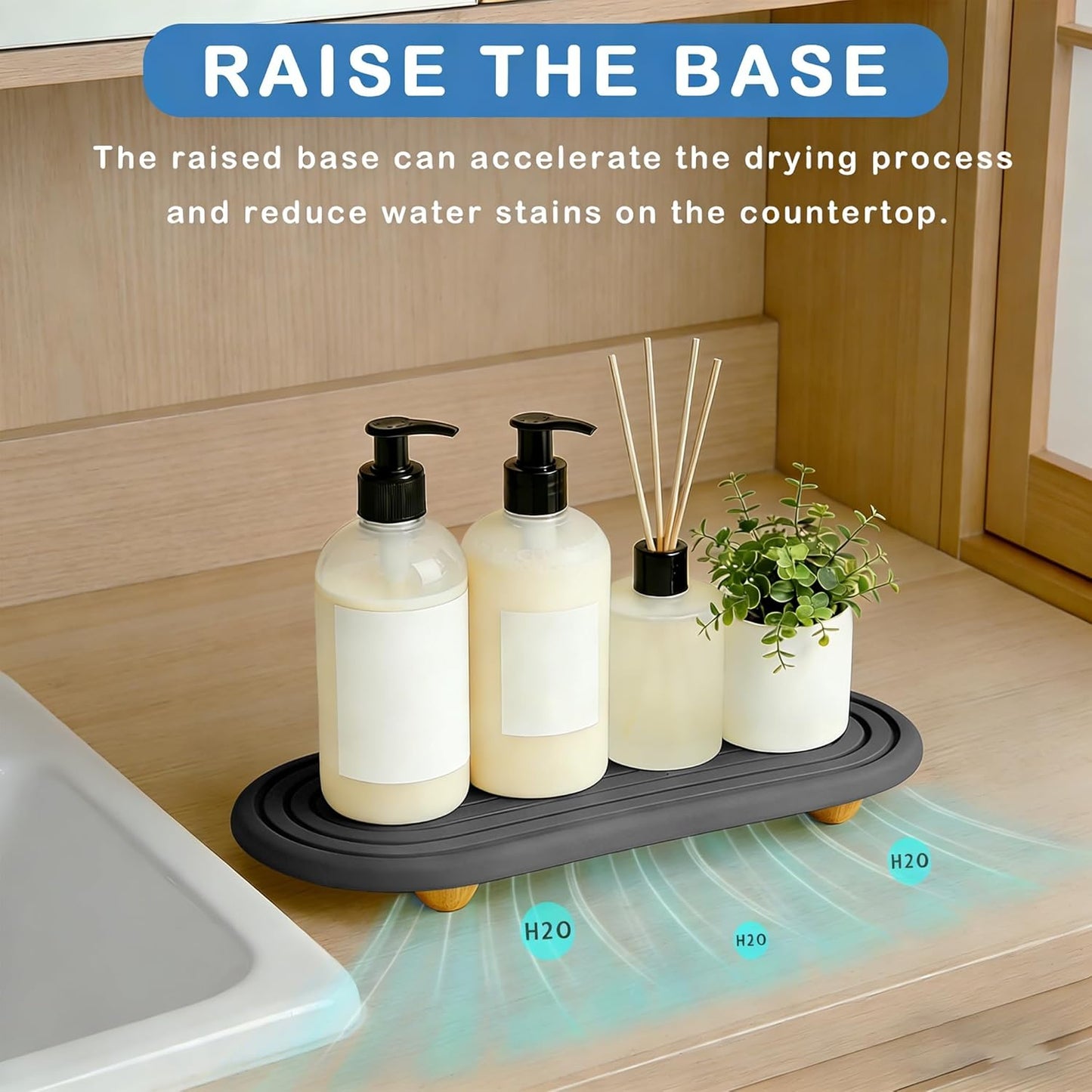Skiennix Instant Dry Sink Tray - Anti-Slip Stone Caddy for Kitchen & Bathroom | Durable Dark Gray Design