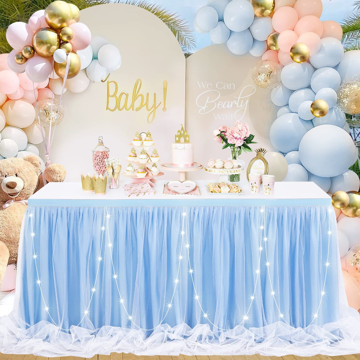 Baby Blue Tulle Table Skirts for Boy Birthday Party 14ft Baby Blue Tutu Table Cloths for Baby Shower Dessert Cake Table Decor