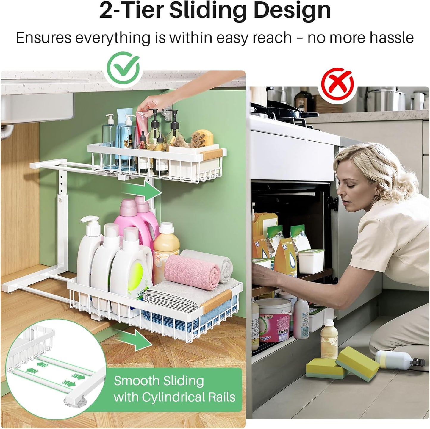 Kitstorack Under Sink Organizer - 2-Tier Metal Storage Shelf with Sliding Drawers | White, 1 Pack for Kitchen & Bathroom
