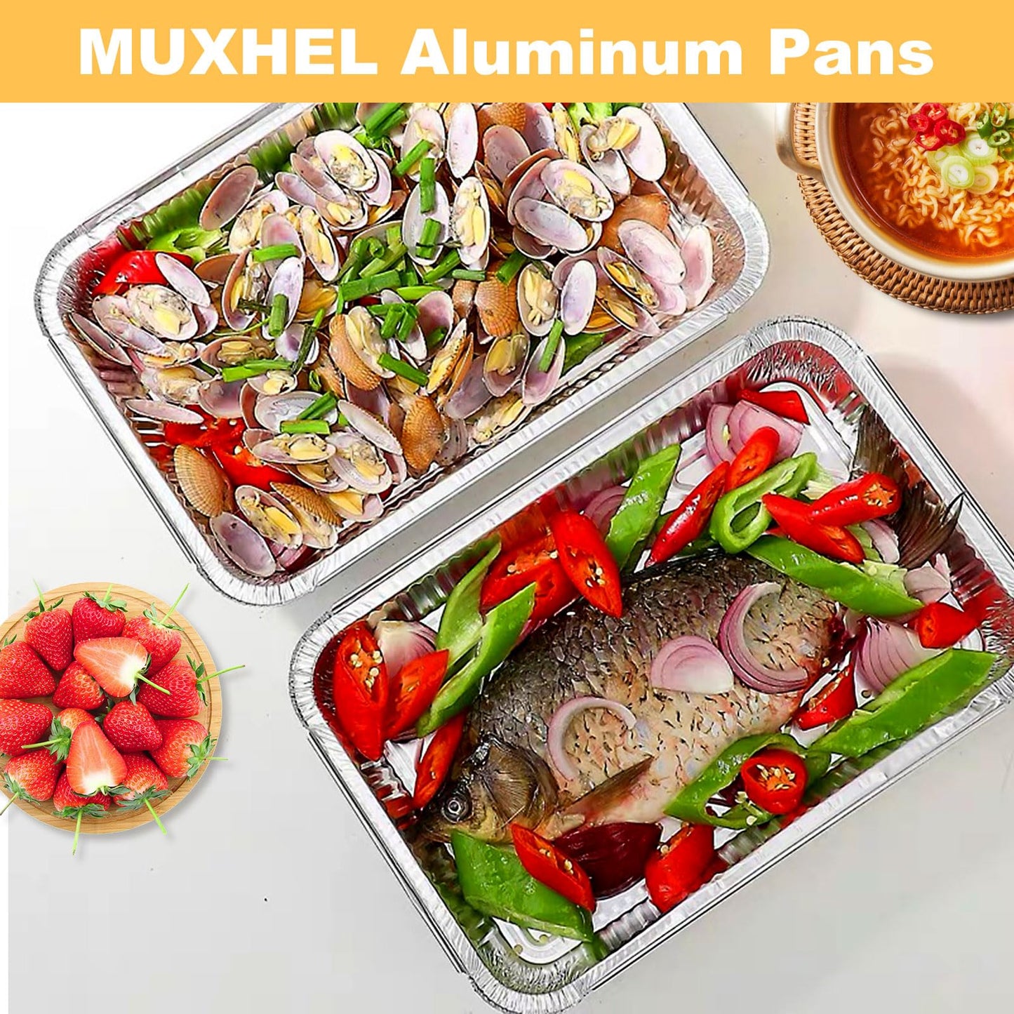 MUXHEL 50 Pcs 9 x 13 Aluminum Pans, Aluminum Foil Pans, Disposable Foil Trays for Baking, Cooking, Freezing and Storing Food