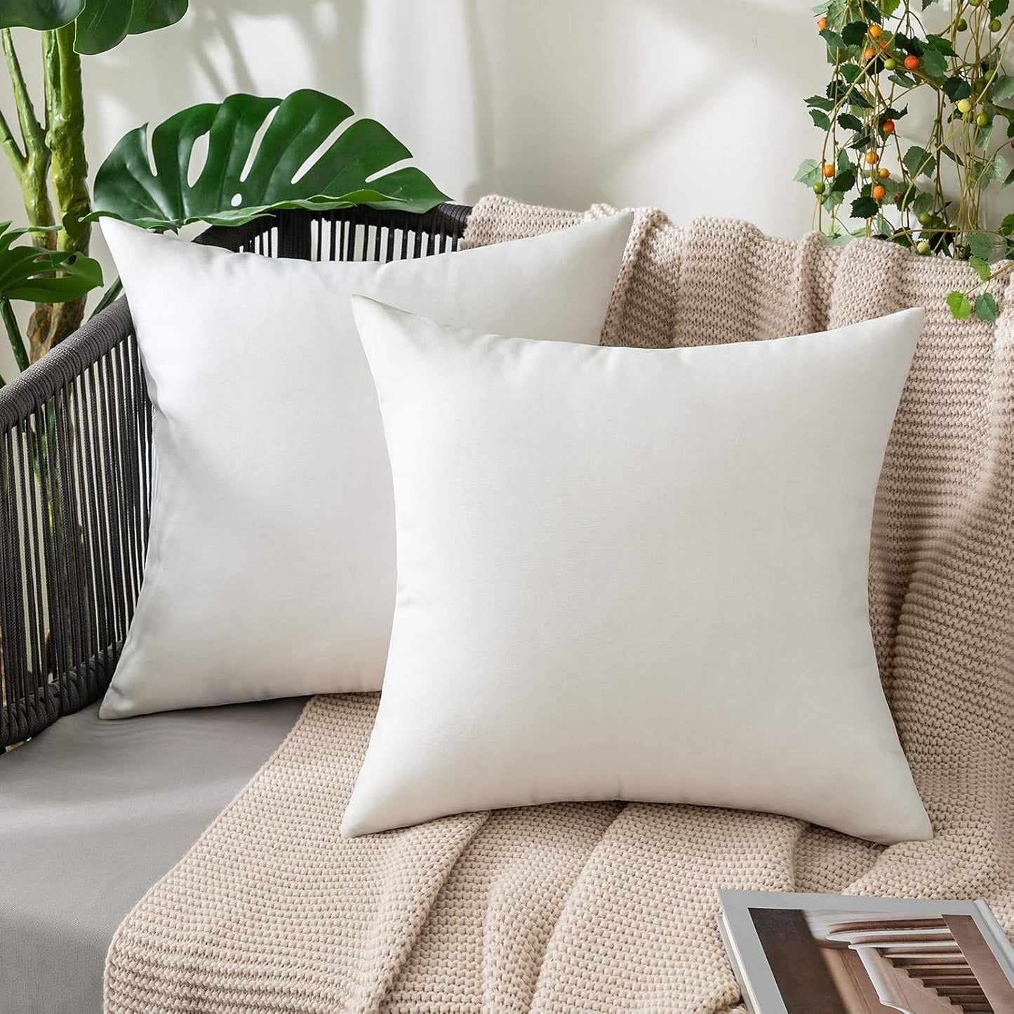 MIULEE Decorative Outdoor Throw Pillow Covers - Waterproof Faux Linen Cushion Cases | 18x18 Inch White (Pack of 2)