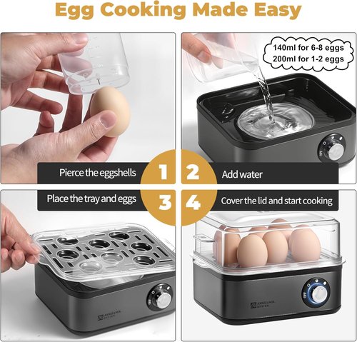 Annie & Mia Design Stainless Steel Electric Egg Cooker - 8 Egg Capacity, 500W, Auto Shut-Off, Recipe Guide (Black)