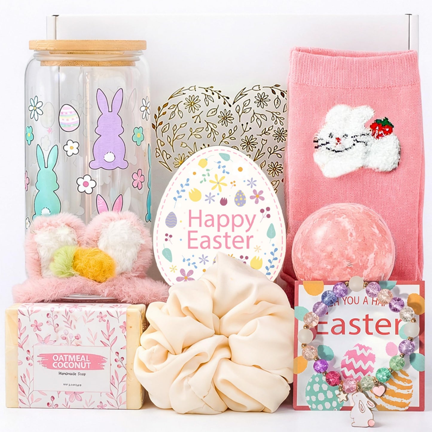LUICONMO Easter Gifts for Teen Girls Women, Easter Baskets Stuffers for Teens Adults, Self Care Spa Gift Basket Spring Gifts Set Box with Bunny Theme Glass Cup - Brighten up Her Day!