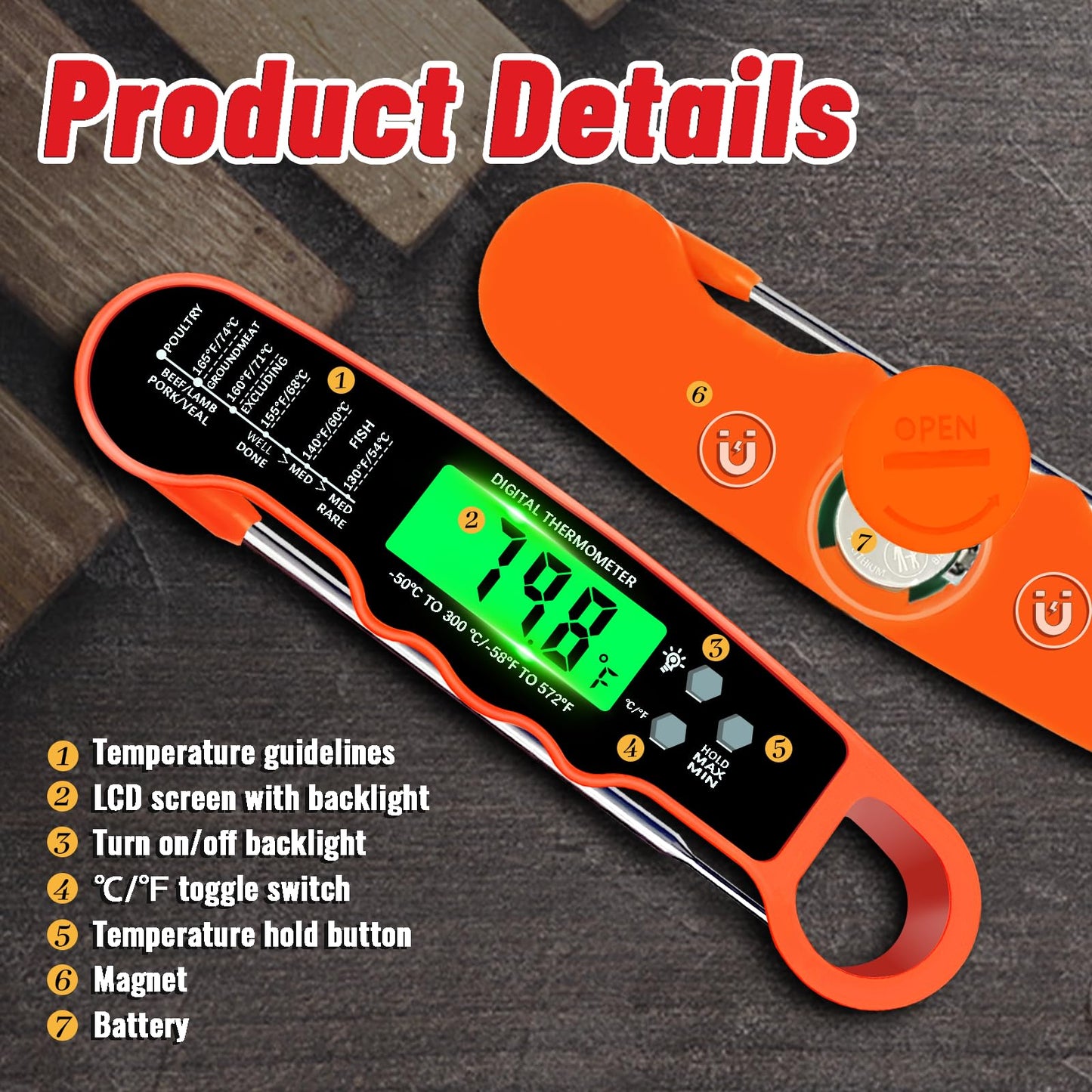 Meat Thermometer Digital, IP67 Waterproof Food Thermometer for Cooking and Baking, Instant Read Meat Thermometer with Backlight, Hold Function & Magnet for Kitchen, Beef, Grill, BBQ, Candy, Turkey