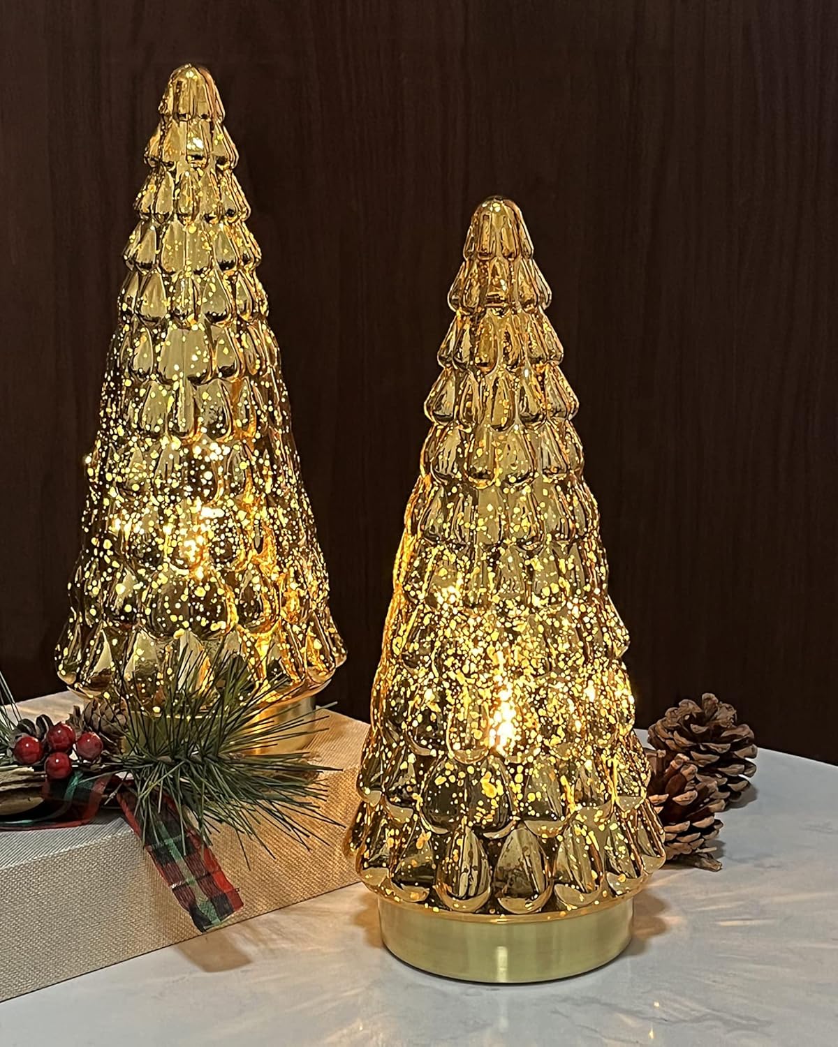 SHMILMH Gold Mercury Glass Christmas Tree Set - Battery Operated Tabletop Xmas Tree | 10" Decorative Centerpiece