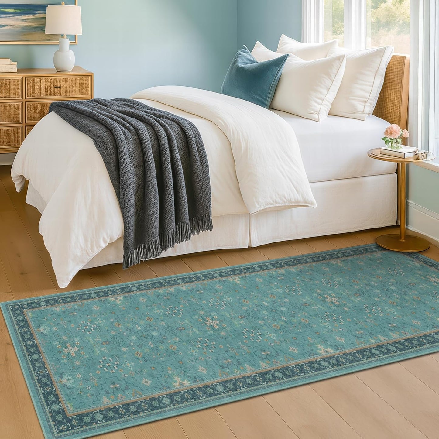 Teal Boho Kitchen Rug Runner | 2x5 Non-Slip, Washable Low Pile Soft Carpet for Bathroom & Entryway