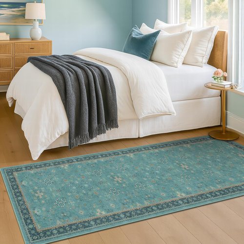 Hazo Haus Boho Non-Slip Kitchen Rug Runner - 2x7 Teal Washable Vintage Floral Indoor Mat