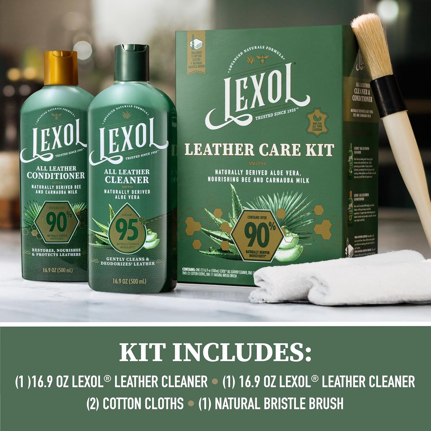 Lexol Advanced Naturals Leather Care Kit - All-In-One Cleaner & Conditioner with Brush & Cloths | 5 Piece Set for Cars, Furniture & More