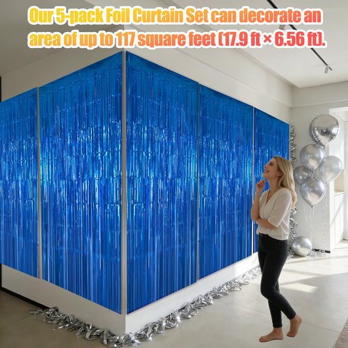 5 Pack 3.28ft x 6.56ft Blue Metallic Tinsel Foil Fringe Curtains, Photo Booth Backdrop Party Decorations for Birthday Wedding Baby Shower Graduation Bachelorette New Years