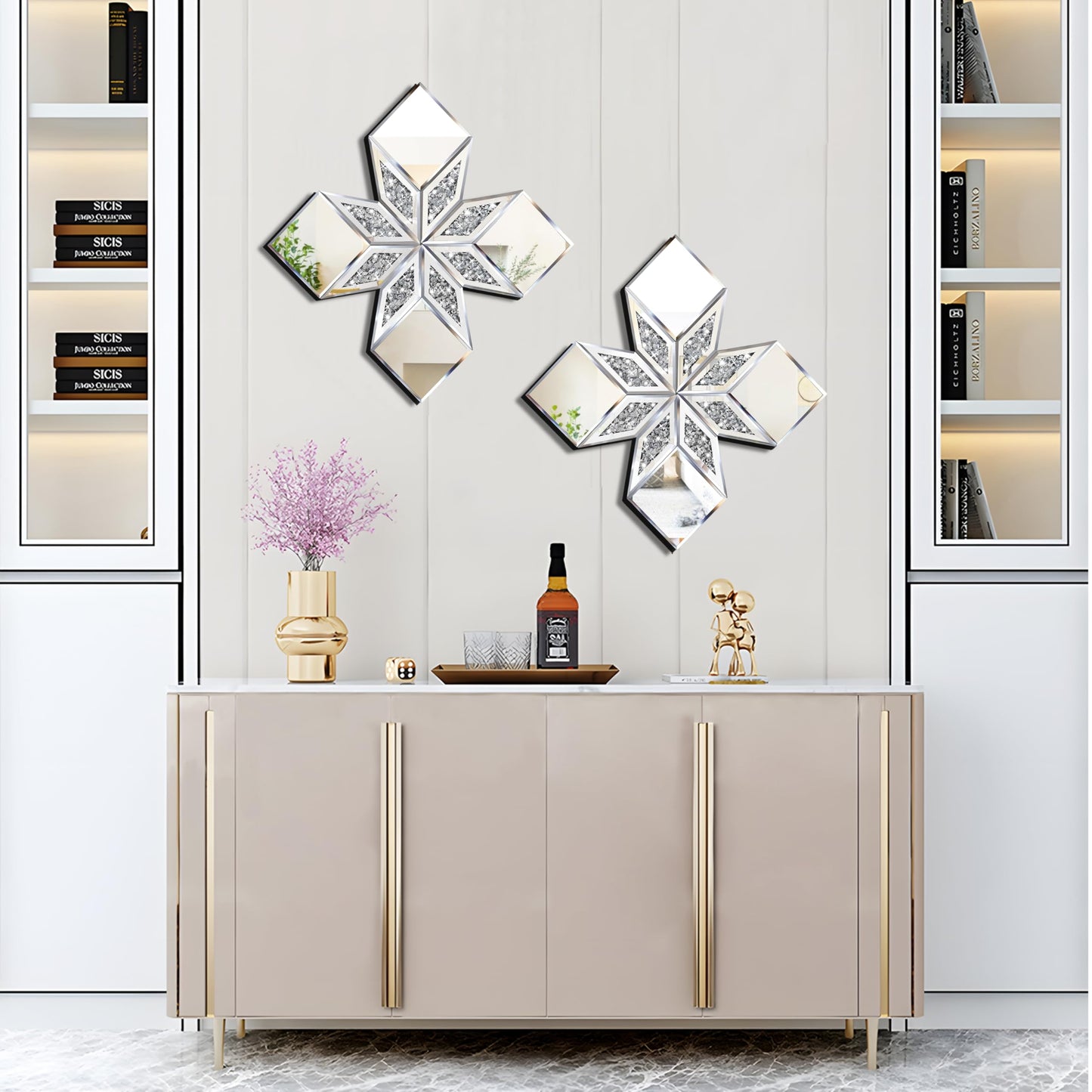 GA Home Crushed Diamond Mirror Wall Decor 2 Pack, 22.25x22.25” Diamond Shape Silver Wall Mirror for Living Room Dining Room Bedroom
