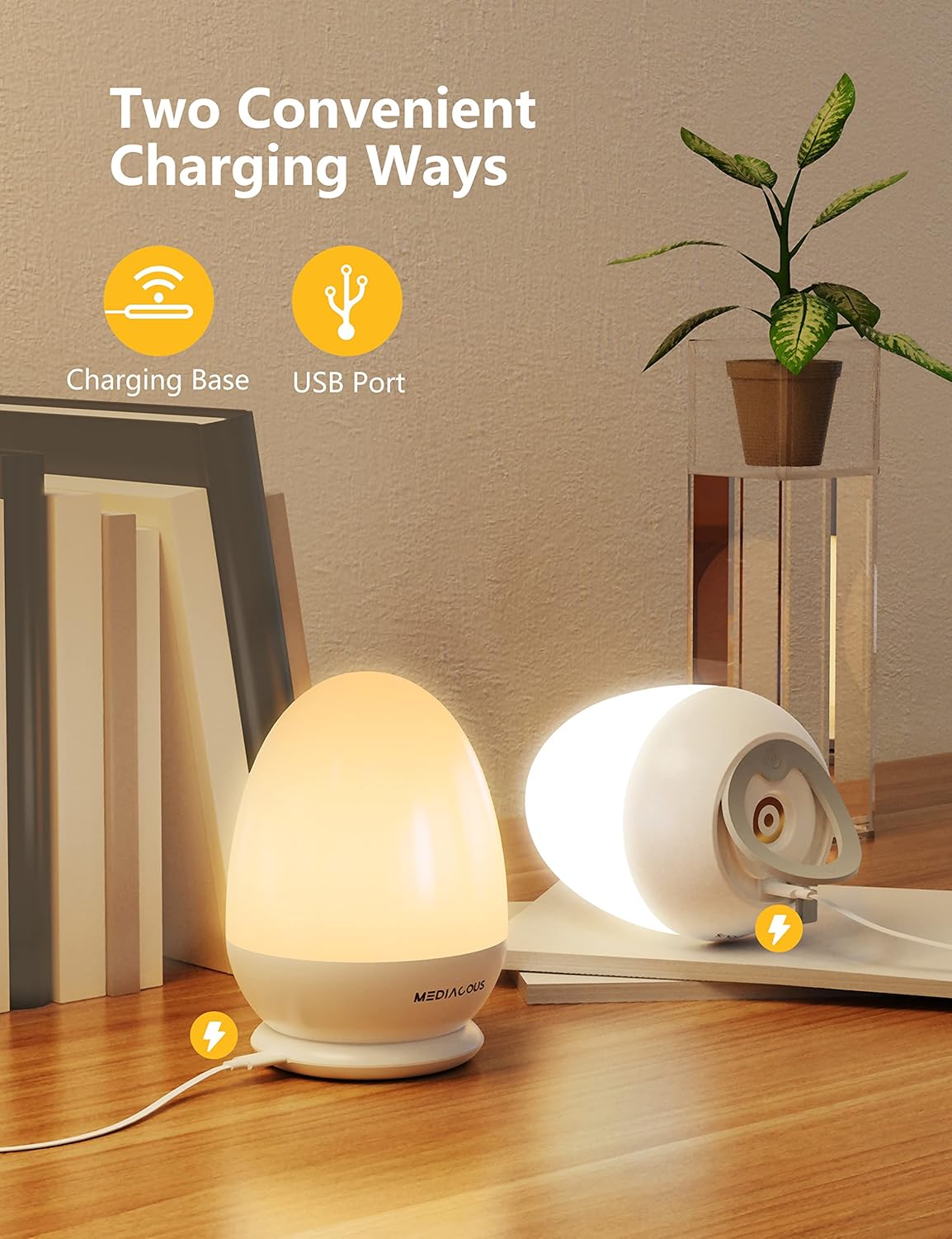 MediAcous Night Light - Dimmable Egg Light for Kids' Room | Touch Control & 1H Timer, 200H Battery Life