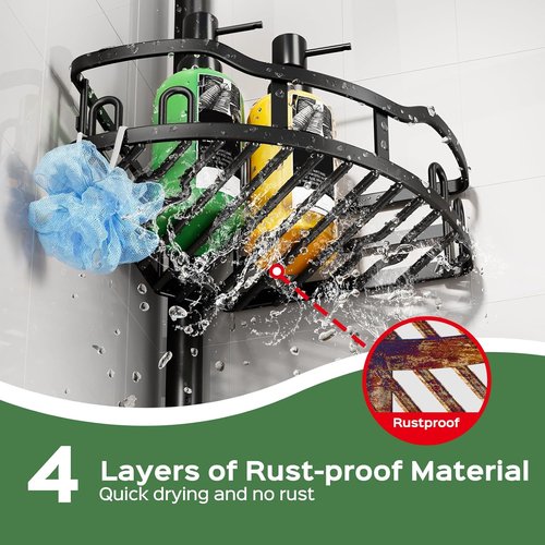 HAMITOR Shower Caddy - Rustproof Tension Pole Bathroom Organizer | 4-Tier Storage Rack for Renters - 47-121 Inch/Black