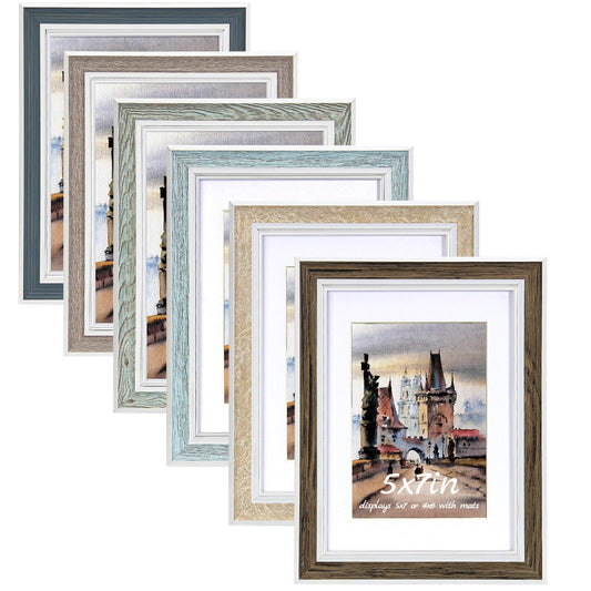 5x7 Picture Frame Set of 6, Rustic Farmhouse Photo Frame, Display 4x6 with Mat or 5x7 Without Mat for Decorative on Wall Hanging and Tabletop Placement