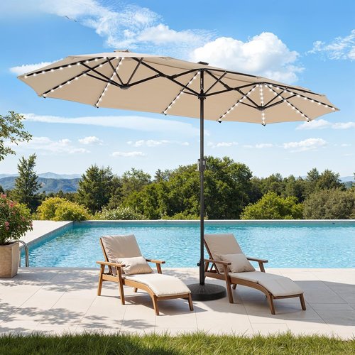 HERA'S PALACE 13ft Double-Sided Patio Umbrella - 120 LED Solar Lights | 8 Color Options for Garden & Pool