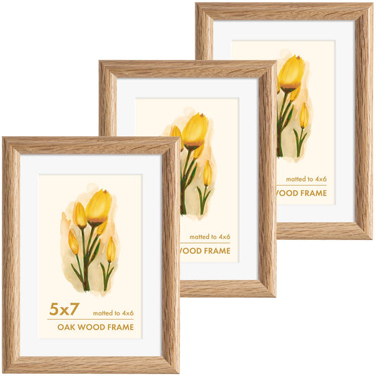 Fun Memories 5x7 Picture Frame Set of 3 - Solid Oak Wood Picture Frames with HD Tempered Glass, Handcrafted Rounded Corner 5 x 7 Wooden Frame Matted to 4x6 Photos, Tabletop or Wall Display