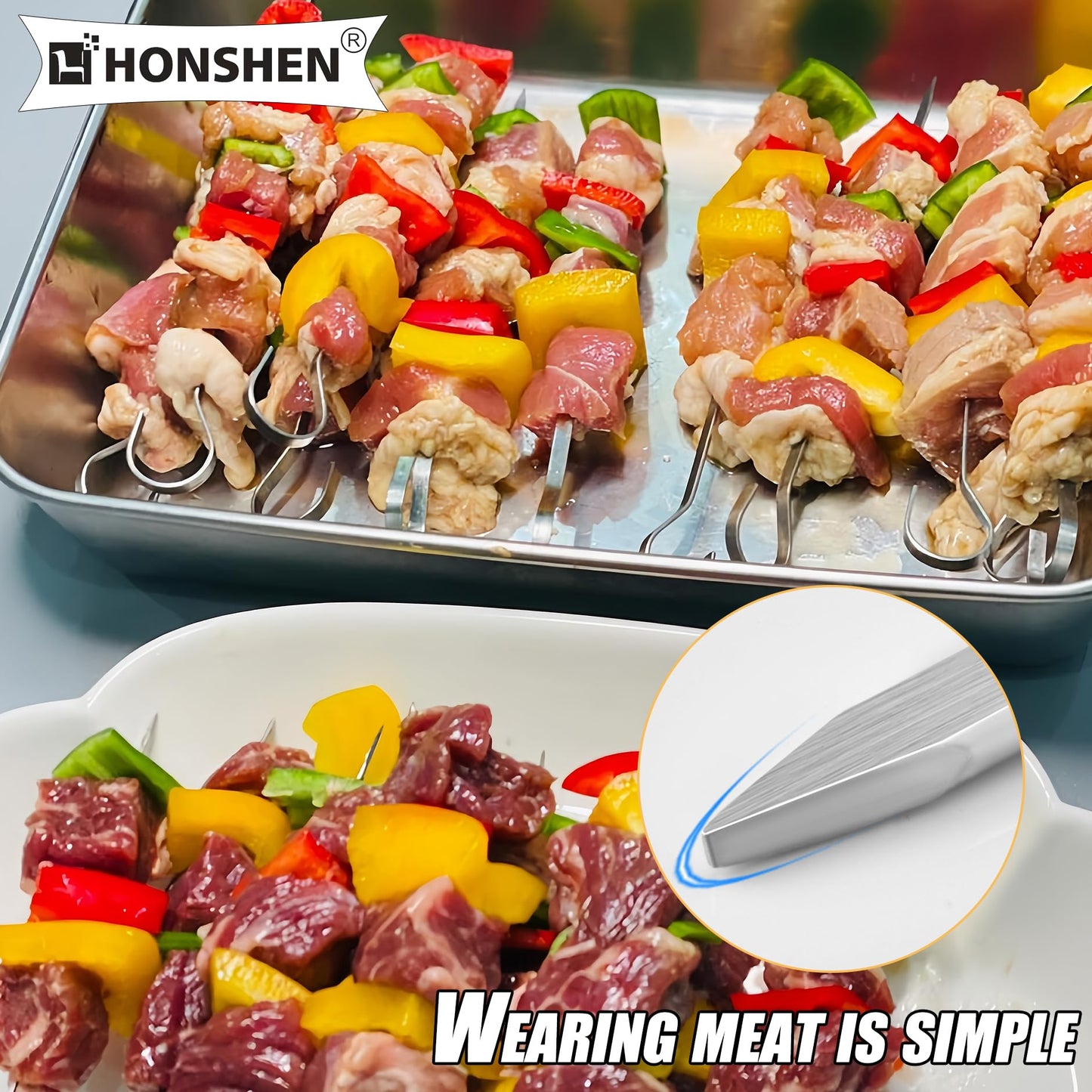 HONSHEN 8 inch Flat Stainless Short Barbecue,BBQ Skewers, Kebab Kabob Grill Skewers 12 pcs