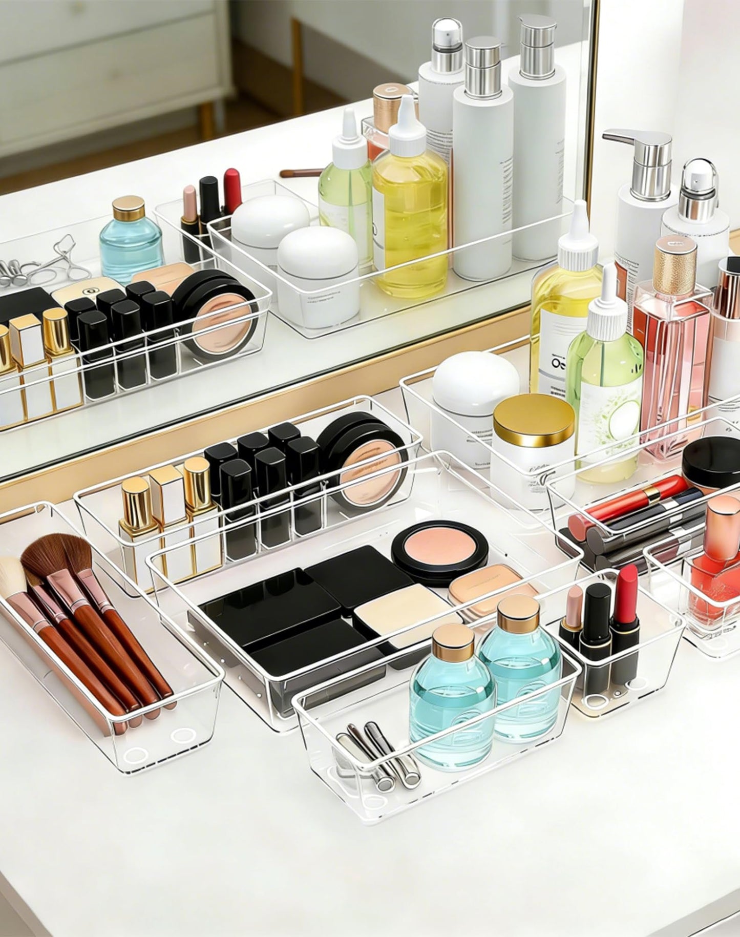 VEXTHYX Clear Plastic Drawer Organizers Set of 45 Vanity trays Stackable Storage Bins Dividers Bathroom Organiser Storage Vanity Bins for Makeup, Kitchen Utensils, Jewelries, Office