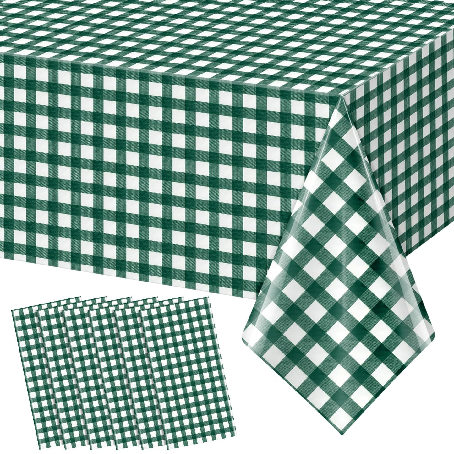 YIDAKO 6pcs 54X108inch Dark Green Checkered Tablecloth,Green Gingham Tablecloths Buffalo Plaid Disposable Plastic Table Covers for Birthday Baby Shower Bridal Wedding Party Birthday Decorations