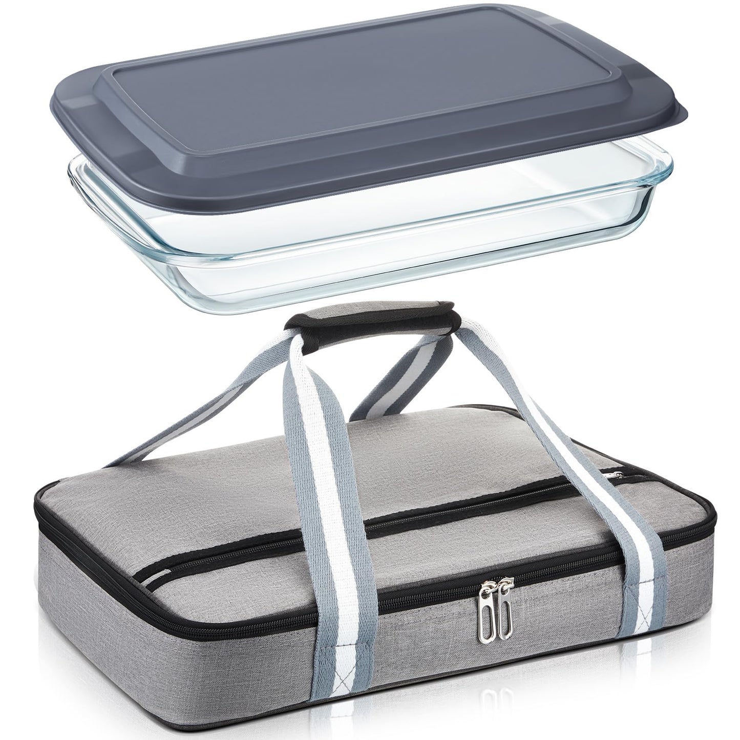 FoldTier Glass Baking Dish with Lid Glass Casserole with Carrier 9 x 13 Inch Insulated Bag for Hot or Cold Food Deep Casserole Dish for Oven Potluck Party Picnic Cookouts