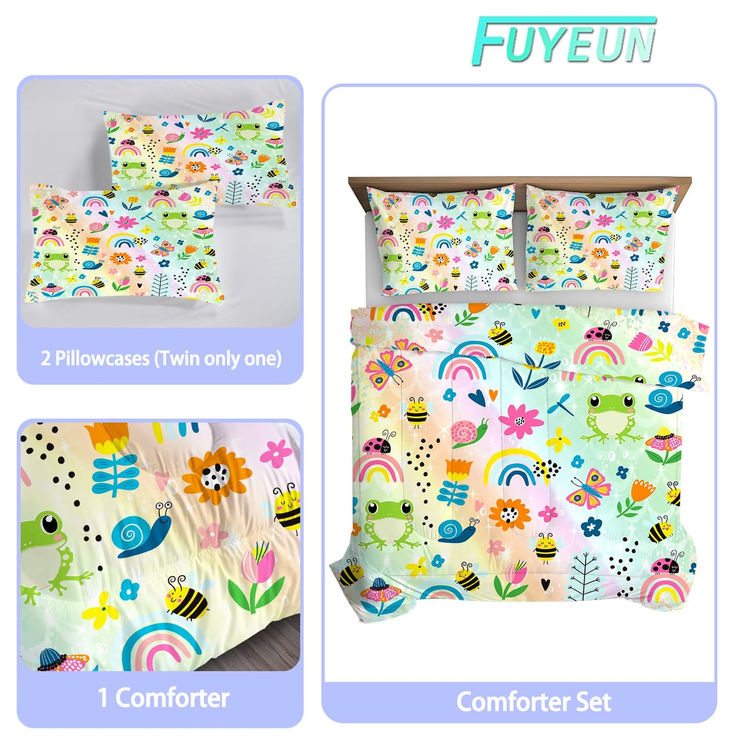 FUYEUN Rainbow Comforter Set Queen Size Cartoon Frogs Bedding Sets for Girls Kids Women Boys Flowers Butterfly Bees Snails Insects Cute Kawaii Quilt 1 Comforter + 2 Pillow Cases