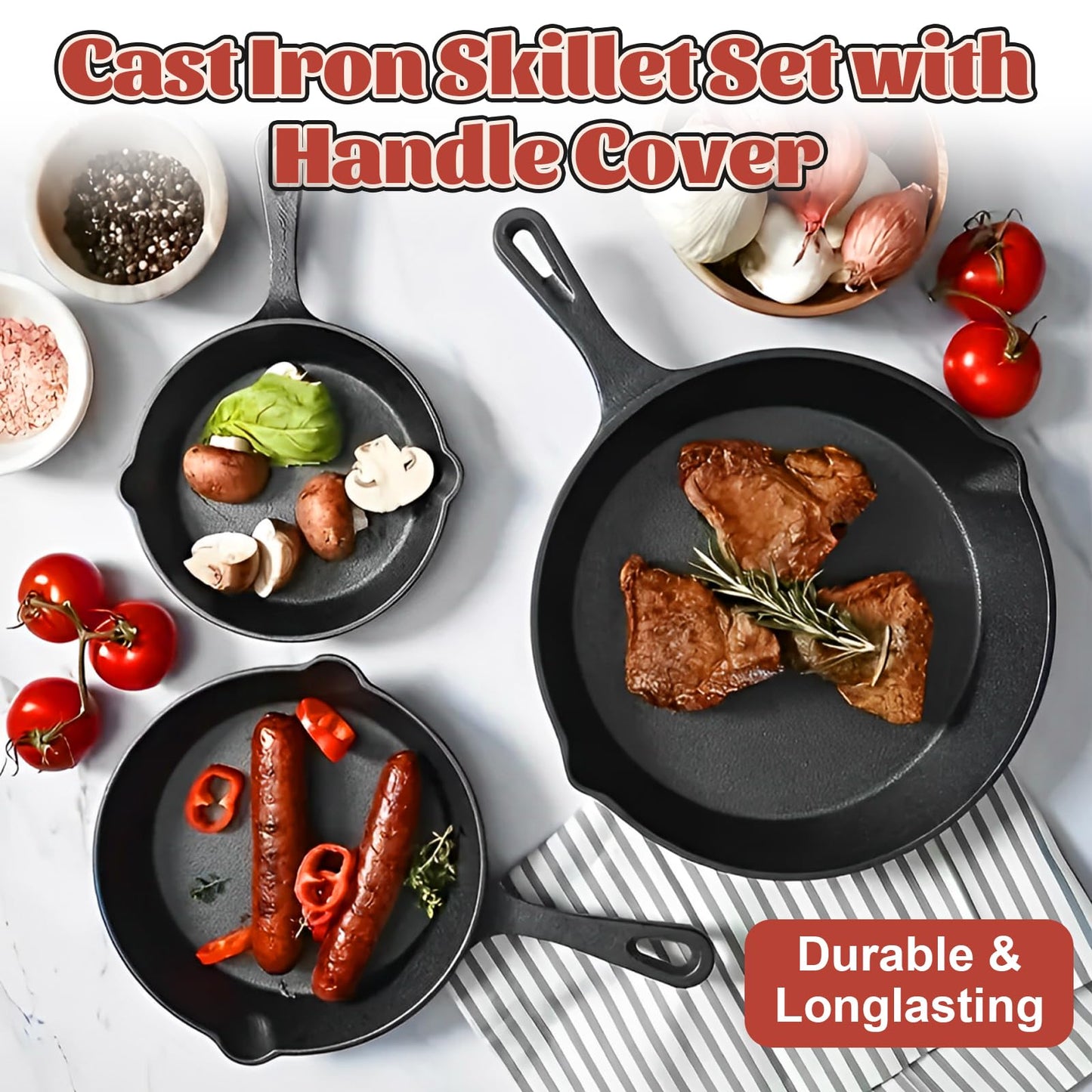 QTLCOHD 3 Pcs Cast Iron Skillet Set, 6, 8, 10 Inch Non Stick Cast Iron Frying Pans with Heat-Resistant Handles for Stove, Oven, Grill & Campfire, Black