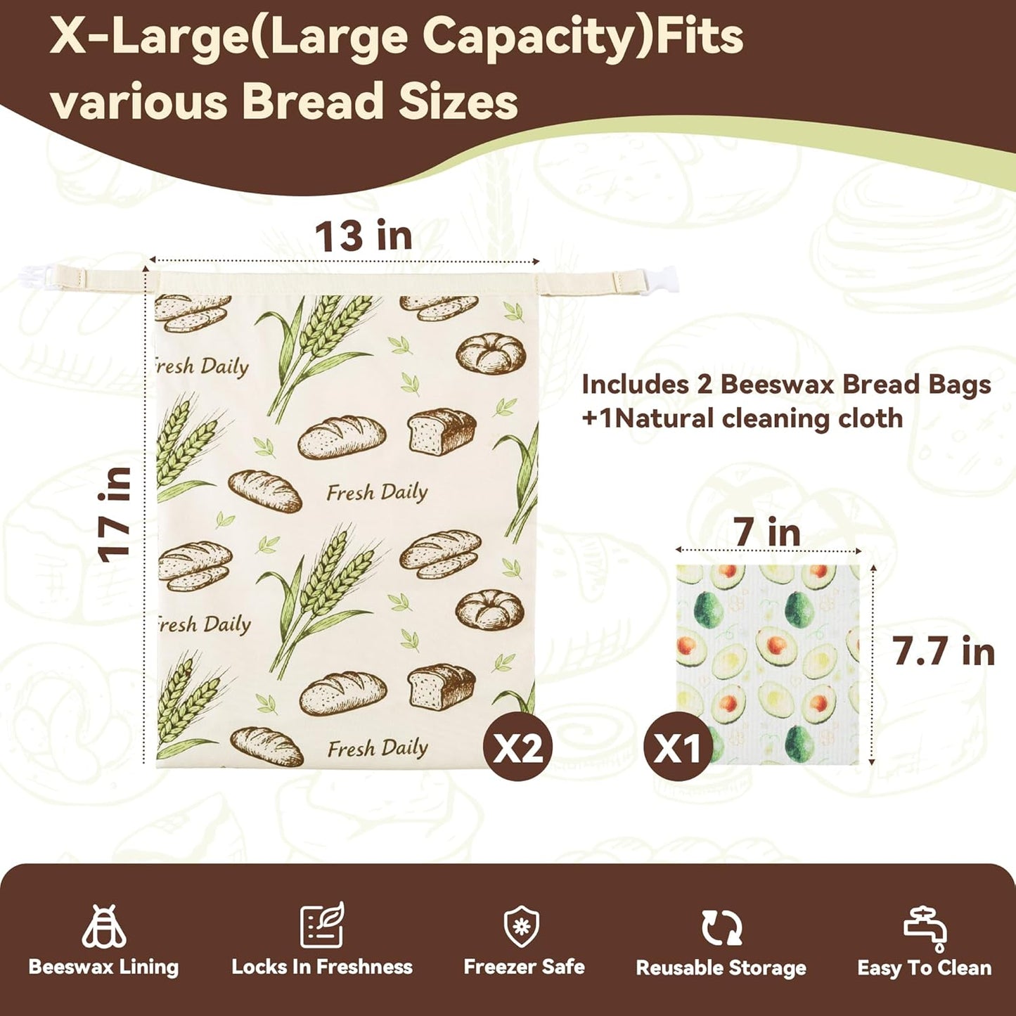 Skiennix Beeswax Bread Bags - 2 Pack Sourdough Storage Bags | 17x13 In, Keep Bread Fresh Longer