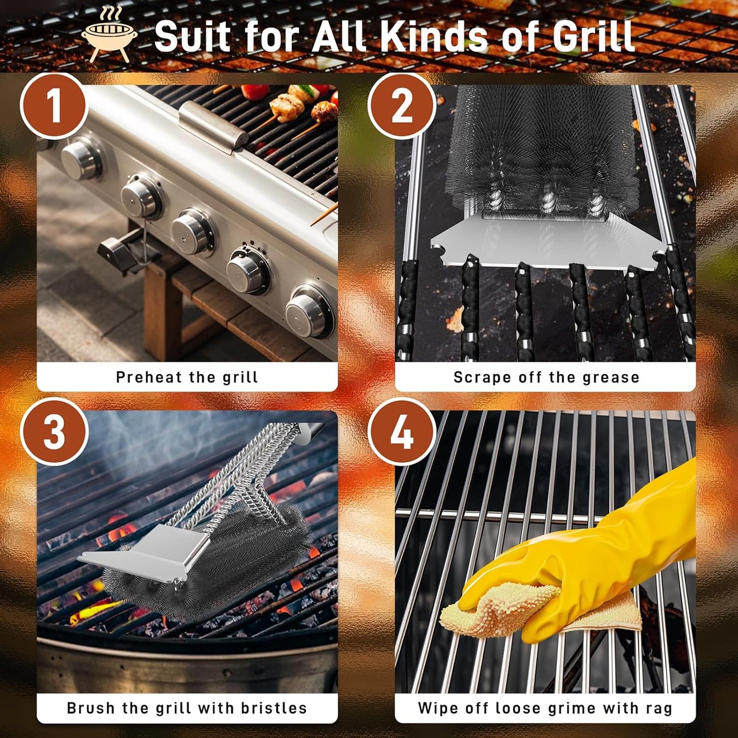 Skiennix Grill Brush and Scraper - 18" Adjustable Handle for Safe BBQ Cleaning | Extra Strong Tool for Gas & Charcoal Grates