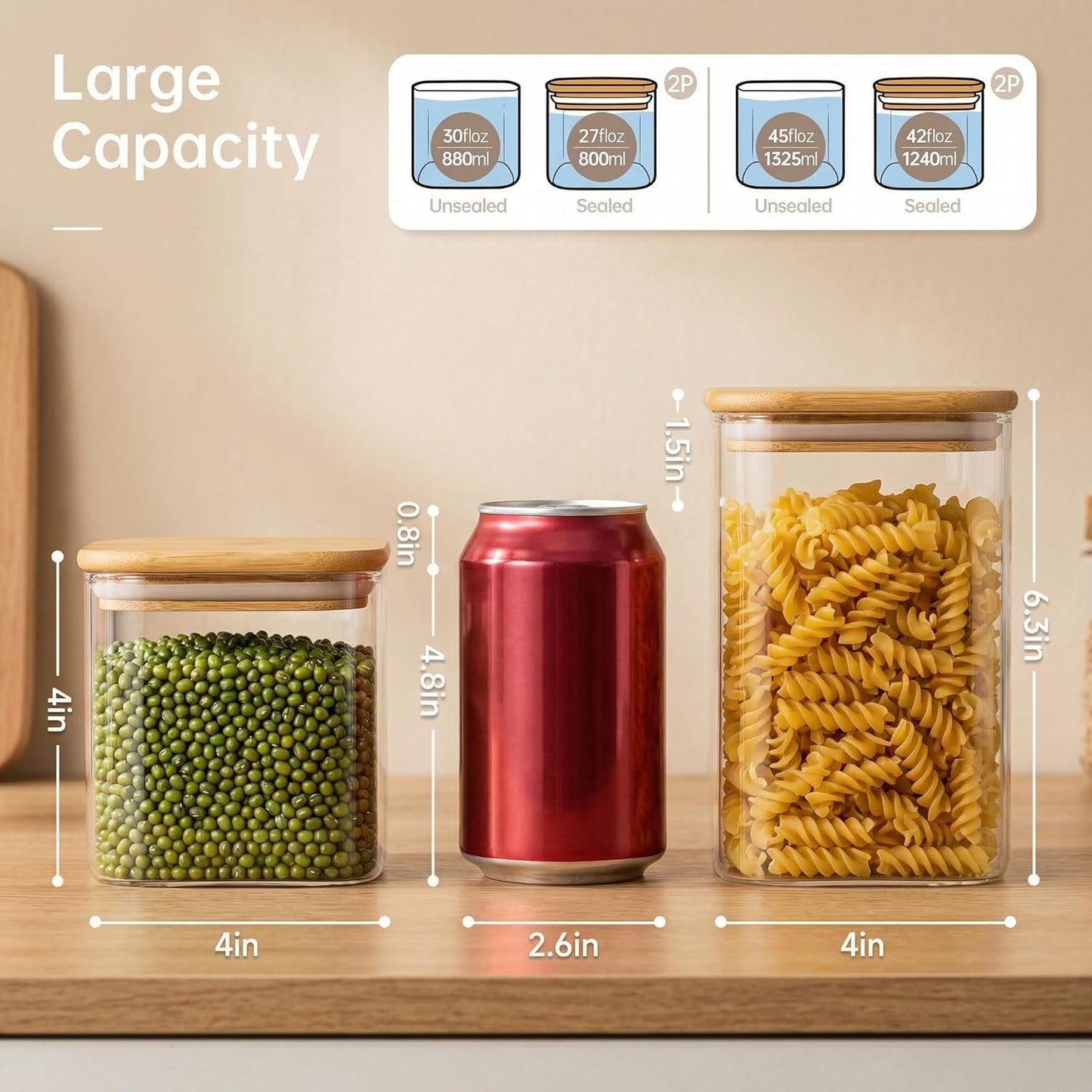 Square Glass Jars 4-Pack by [Brand Name] - Airtight Food Storage Containers with Bamboo Lids | 42oz & 27oz Sizes for Cereal, Pasta, Rice, and More