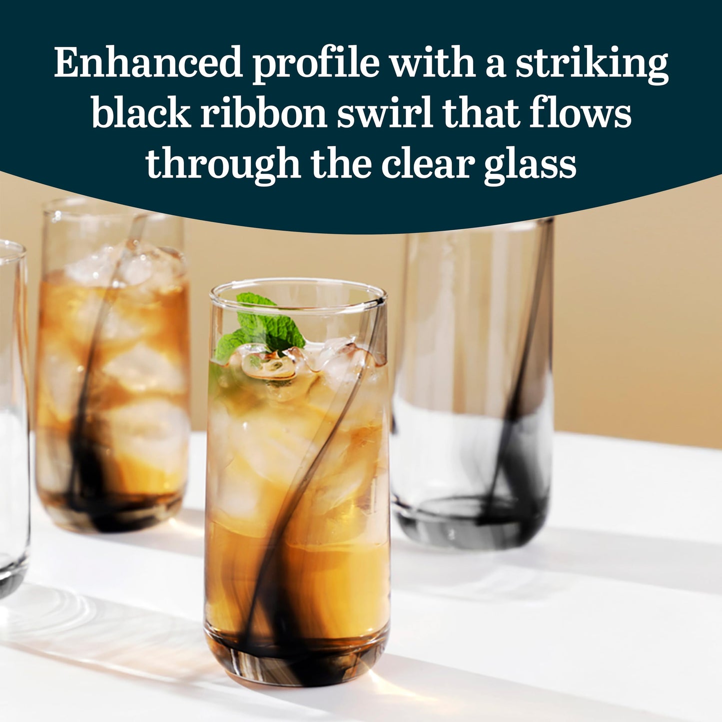 Libbey Ascent Black Ribbon Tumbler and Rocks Drinking Glasses Set of 16, Glass Drinking Glasses with Curvature, Versatile Glassware Set for Daily Use