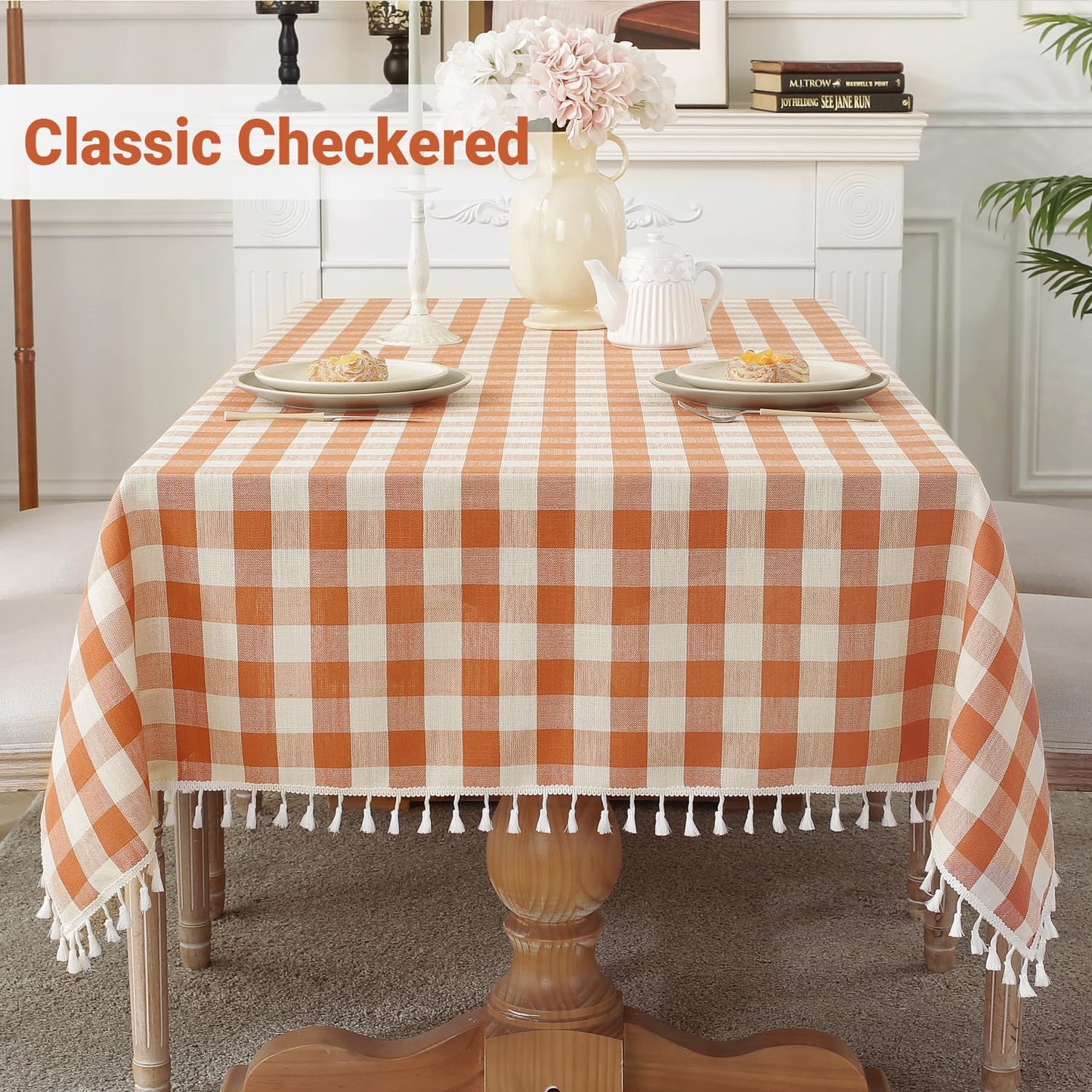 Laolitou Orange Checkered 60" Round Tablecloth (Fits 30-48" Table) Washable Buffalo Plaid Table Cloth with Tassel Cotton Linen Gingham Table Cover for Fall Decorations, Orange, Round
