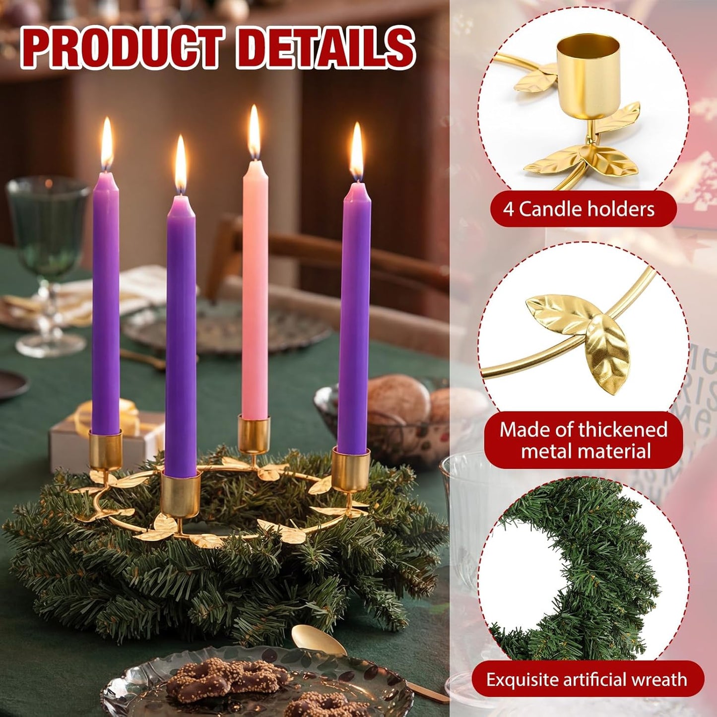 Norfolk Pine | 2 Pcs Christmas Advent Wreath Candle Holder Set - Gold Ring Design for Festive Table Centerpiece