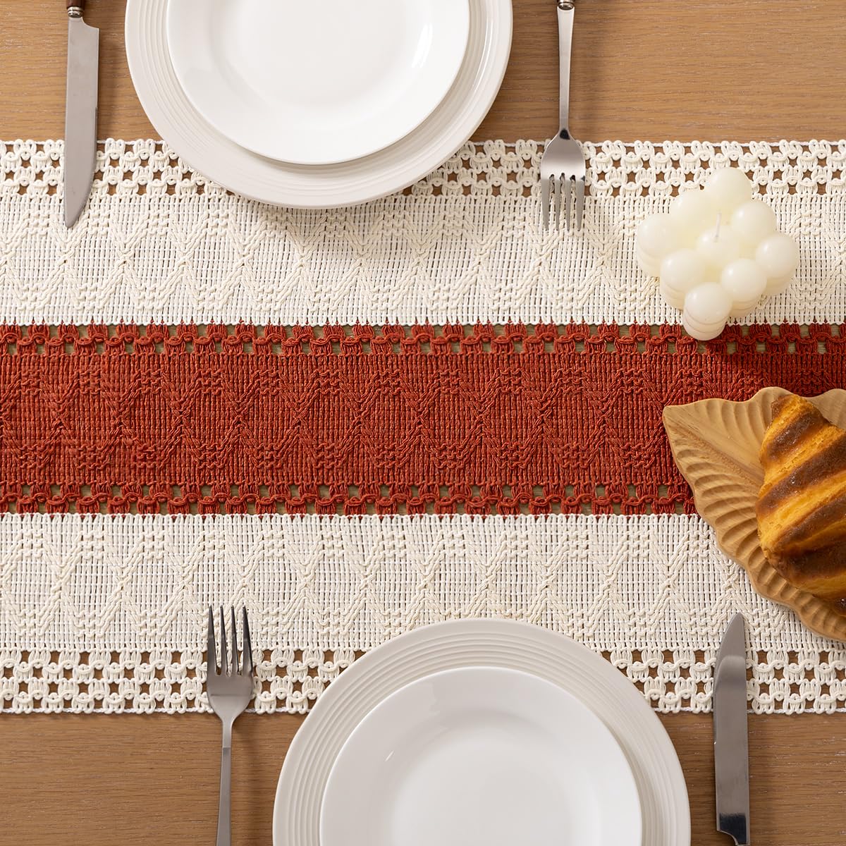 Socomi Boho Table Runner Summer Farmhouse Rustic Dining Kitchen Small Macrame Woven Cotton Linen Coffee Table Runner for Dresser Scarf Home Decor 12x60 inch Terracotta Ivory