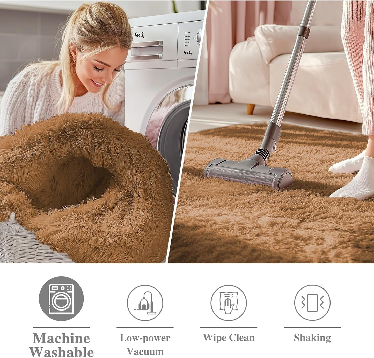 OLANLY Round Khaki Area Rug - Soft, Fluffy, Machine Washable 5 ft Circle Carpet for Bedroom & Living Room
