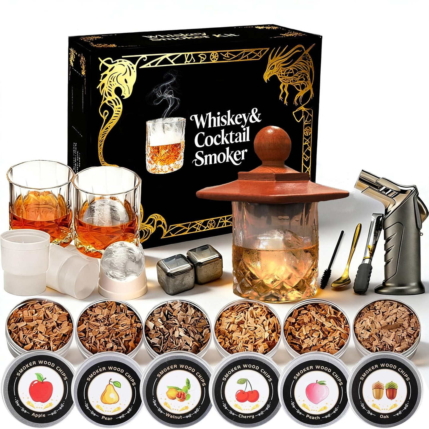 Whiskey Smoker Kit with Torch - 6 Flavors Wood Chips, 2 Metal Ice Cubes, 2 Glasses - Cocktail Smoker Infuser Kit, Old Fashioned Drink Smoker Kit, Birthday Whiskey Bourbon Gifts for Men,Dad(NO Butane)
