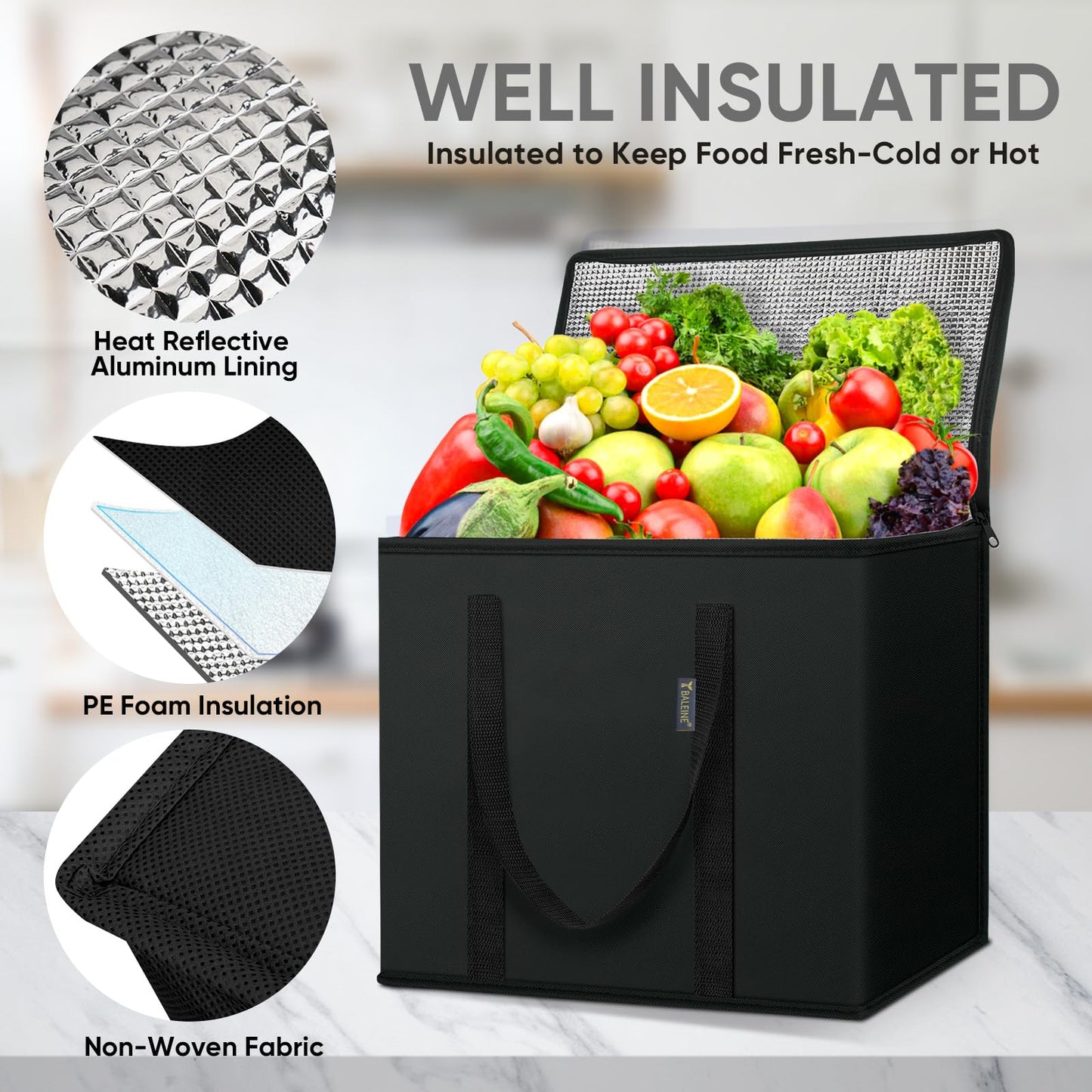 BALEINE 2Pk Insulated Reusable Grocery Bags, Collapsible Cooler Bag for Groceries, Heavy Duty Large Insulated Bag (16''x9''x13'', Charcoal Black)
