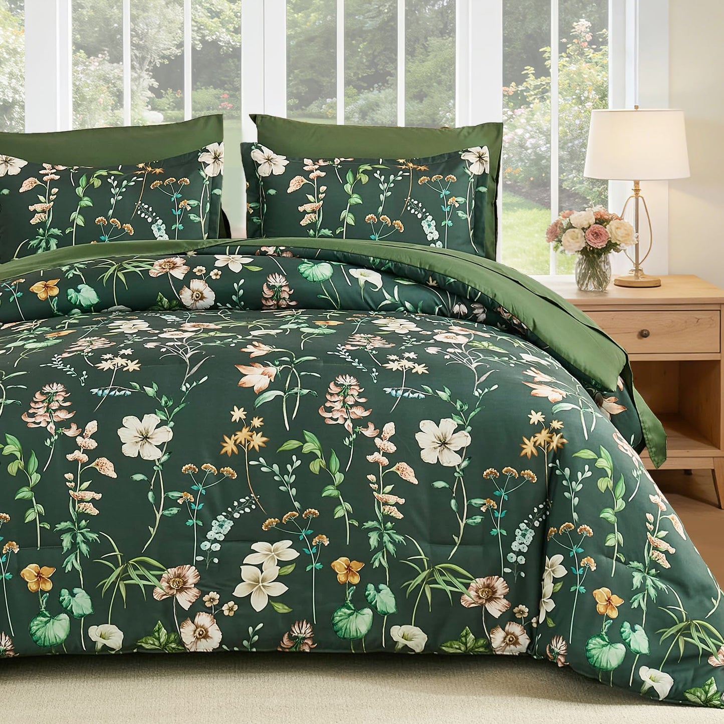 DJY Queen Comforter Set, Green Botanical Floral Bedding Comforter Sets Queen Size for All Seasons, 7 Pieces Bed in a Bag Lightweight Microfiber Comforter Set with Sheets Pillowcases & Shams