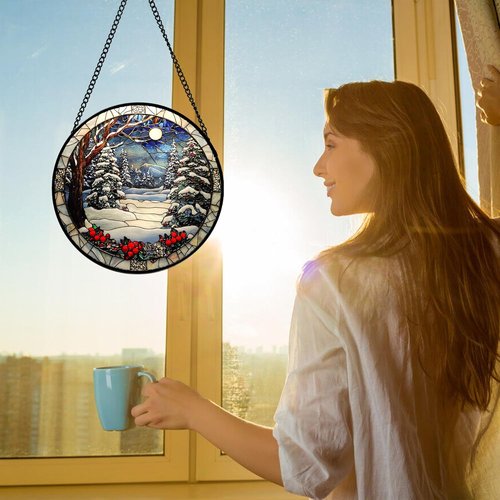 DASTOLL Stained Glass Window Hanging | Christmas Tree Winter Snow Night Suncatcher - 9.8" Home Decor Gift