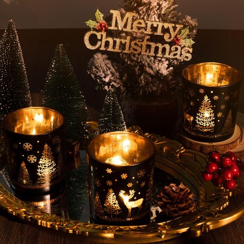Black And Gold Glass Tealight Candle Holders Set Of 3 | Christmas Elk, Tree, Snowflake Design