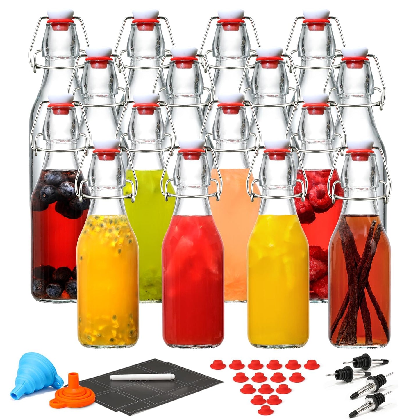 16 Pack 8.5oz Flip Top Glass Bottles, Swing Top Beer Brewing Bottle for 2nd Fermentation, Kombucha, Kefir, Vanilla Extract, Coquito, Juice, Tea - Airtight Stopper Cap Lid, Bonus 4 Bottle Pourers