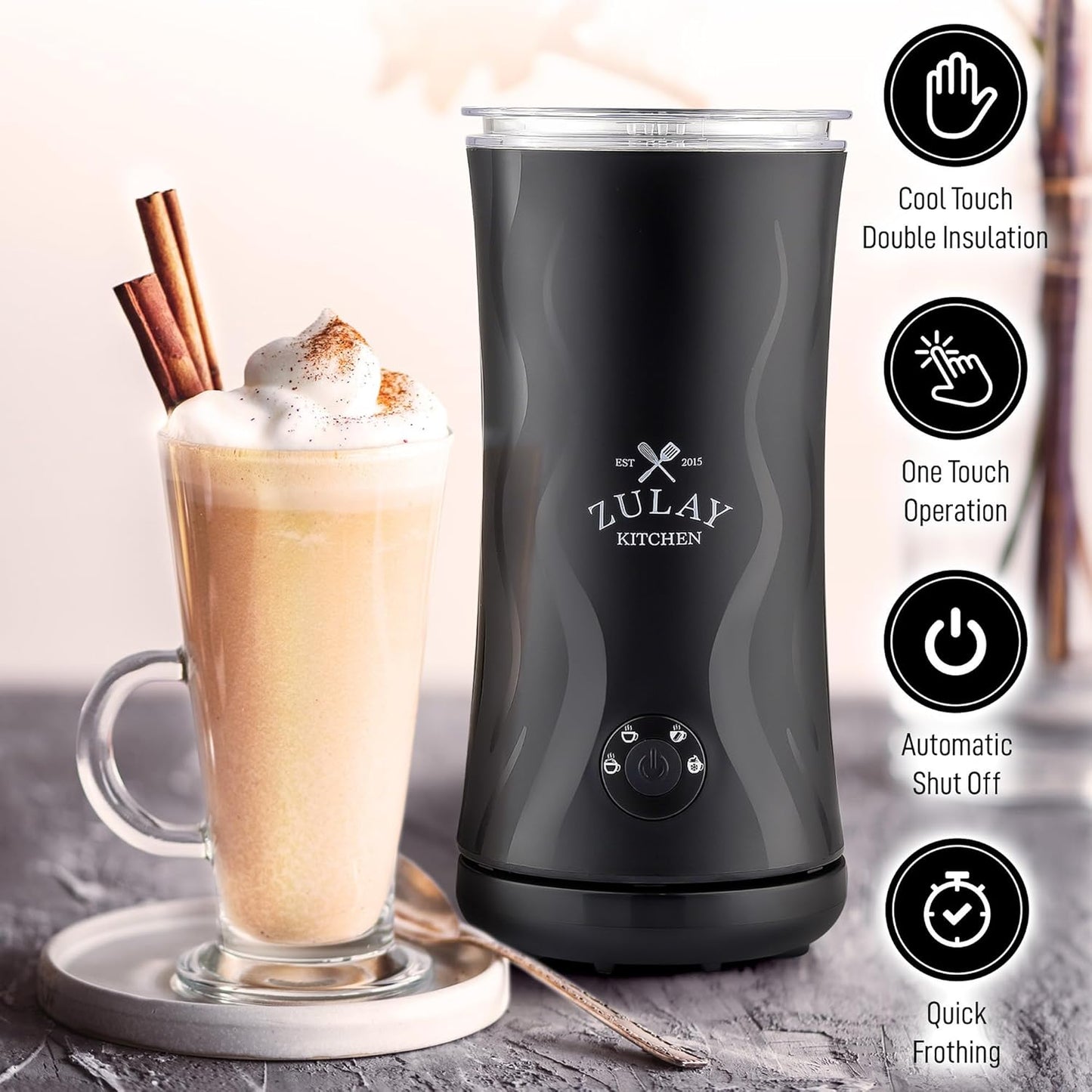 Zulay 4-in-1 Milk Frother & Steamer - Automatic Hot/Cold Foam Maker with Auto Shut Off - Black