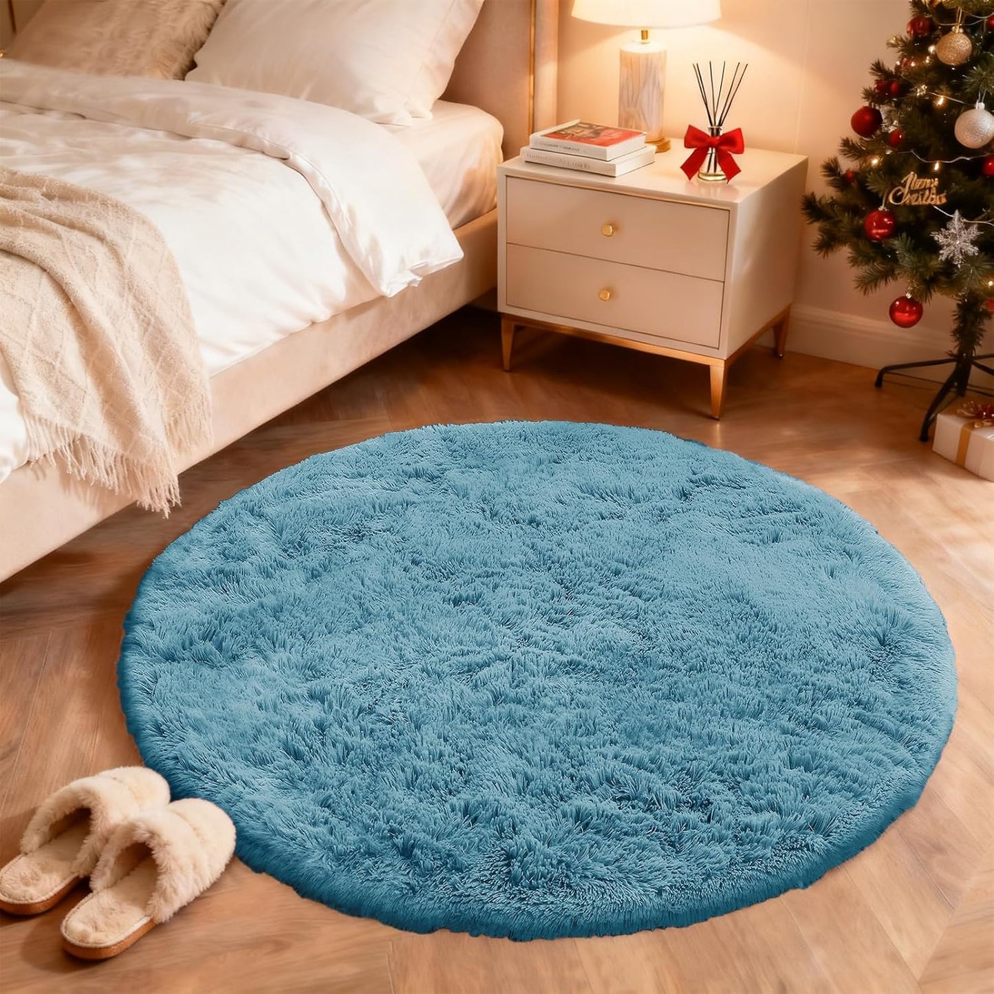 OLANLY Round Slate Blue Area Rug - Soft, Machine Washable 8 ft Circle Carpet for Bedrooms & Living Rooms