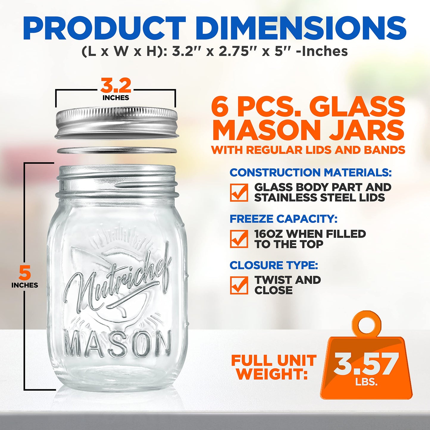 NutriChef 6-Pack 16 oz Mason Jars with Lids - Thick Glass Canning Jars with Stainless Steel Lids - Ideal for DIY Spices, Meal Prep, Overnight Oats, Jelly, Jam, Honey, Candles, Crafts, & More