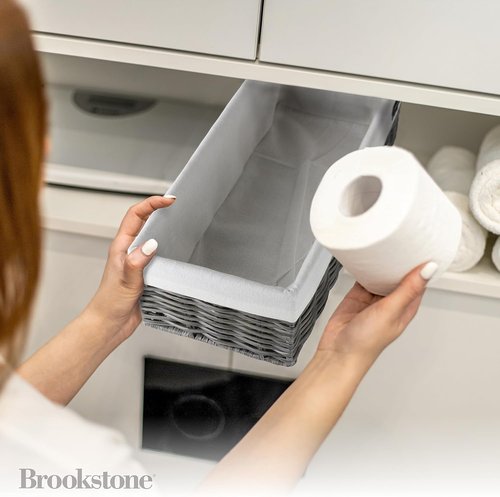 Brookstone Wicker Storage Baskets - Two Pack Set for Bathroom & Closet Organization | Grey with Fabric Liner